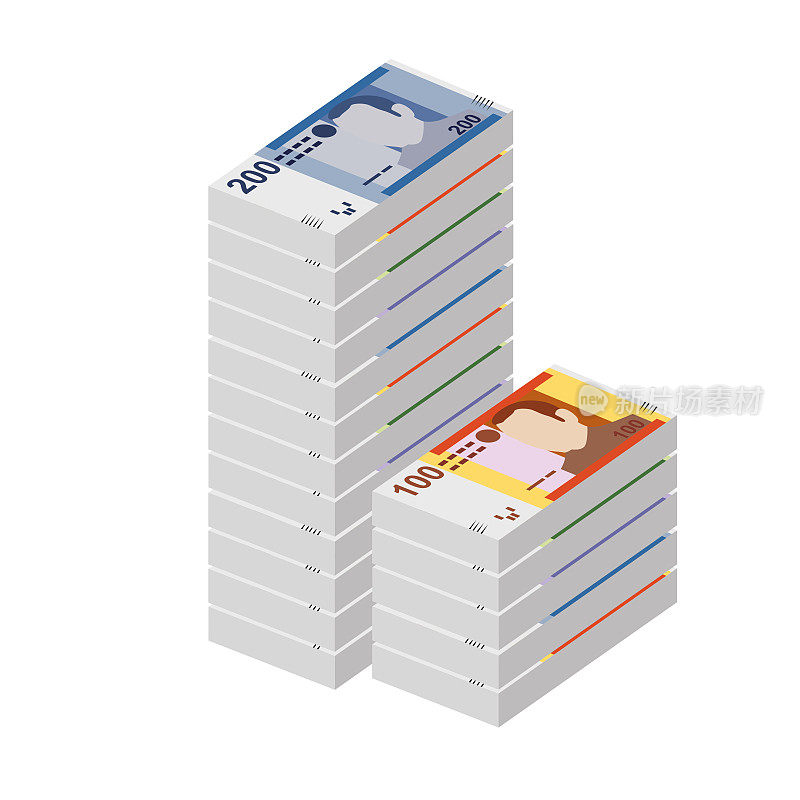 摩洛哥Dirham矢量插图。摩洛哥，休达，梅利利亚，西班牙货币集捆绑钞票。纸币20 50 100 200 MAD。平的风格。孤立在白色背景上。简单的最小设计。